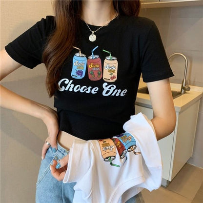 [littlecrab] Crop Top Fruit Soda Drink Choose One Hitam Putih Abu Sablon Colorful Berkualitas Simple Elegan Atasan Kaos Crop Unik Aesthetic Motif Minuman Kaleng Buah Grape Pineapple Cherry Korean Style