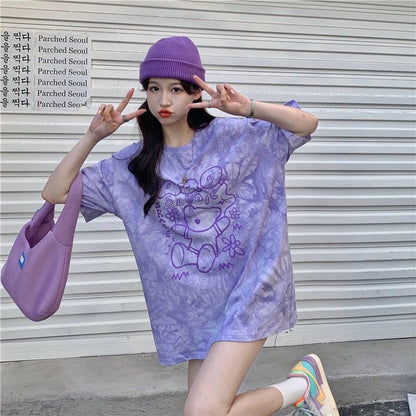 [littlecrab] Kaos Oversize Baloon Tie Dye Blue Purple Grey Beruang Bunga Sablon Berkualitas T-shirt Couple Unisex Lucu Unik Soft Color Baju Tumblr Two Tone Korean Style