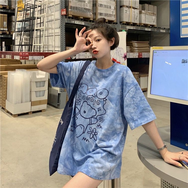 [littlecrab] Kaos Oversize Baloon Tie Dye Blue Purple Grey Beruang Bunga Sablon Berkualitas T-shirt Couple Unisex Lucu Unik Soft Color Baju Tumblr Two Tone Korean Style