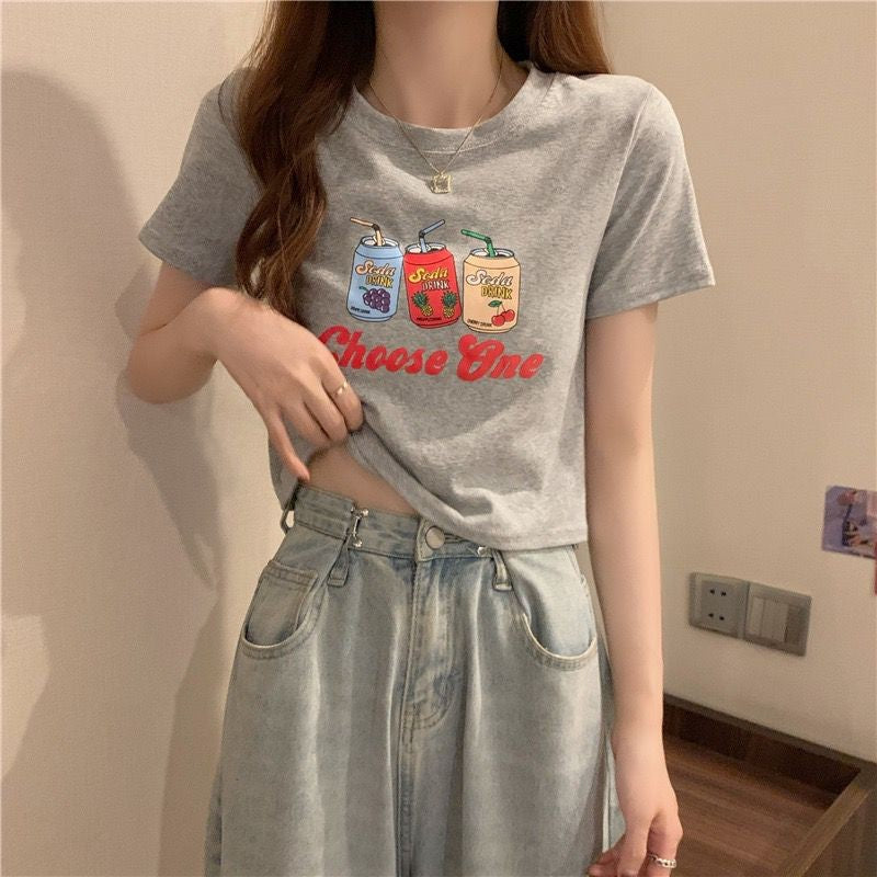 [littlecrab] Crop Top Fruit Soda Drink Choose One Hitam Putih Abu Sablon Colorful Berkualitas Simple Elegan Atasan Kaos Crop Unik Aesthetic Motif Minuman Kaleng Buah Grape Pineapple Cherry Korean Style