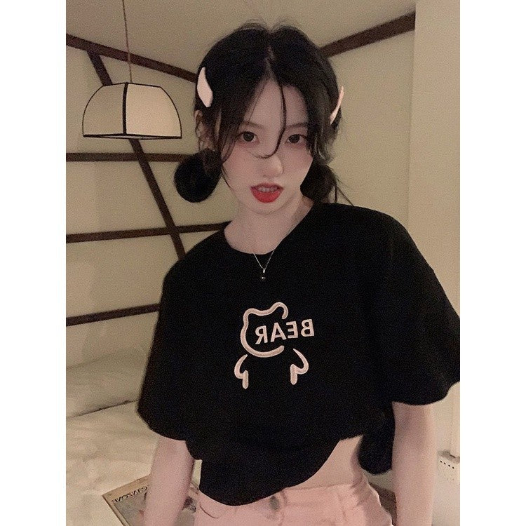 [littlecrab] Crop Top Lebar Bear Hitam Putih Merah Atasan Polos Sablon Berkualitas Beruang Simple Unik Elegan Aesthetic Kaos Beruang Korean Style