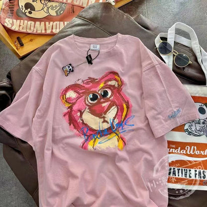 [littlecrab] Kaos Oversize Lotso Graffiti Pattern Pink Putih Abu T-shirt Couple Unisex Sablon Berkualitas Simple Elegan Aesthetic Hand Drawing Beruang Pink Lucu Unik Korean Style