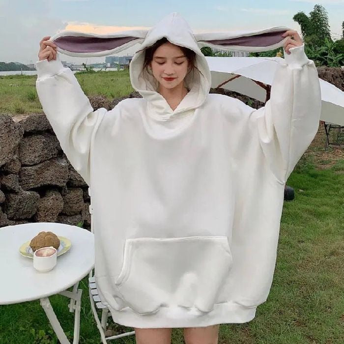 [littlecrab] Hoodie Oversize Telinga Kelinci Panjang Long Rabbit Ears Hoodie Unik Viral Polos Berkualitas Sweater Bertopi Lucu Sweatshirt Couple Unisex Bunny Korean Style