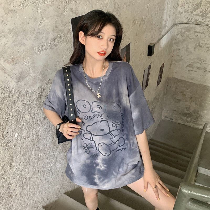 [littlecrab] Kaos Oversize Baloon Tie Dye Blue Purple Grey Beruang Bunga Sablon Berkualitas T-shirt Couple Unisex Lucu Unik Soft Color Baju Tumblr Two Tone Korean Style