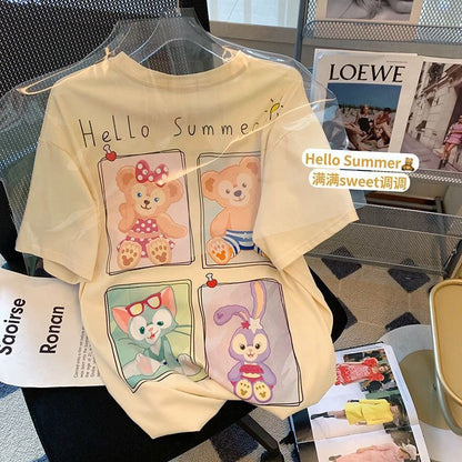 [littlecrab] Kaos Oversize Duffy Family Stellalou and Friends Hello Summer Polaroid Cream Putih Soft Color Simple Elegan Aesthetic T-shirt Couple Unisex Cartoon Sablon Berkualitas Korean Style