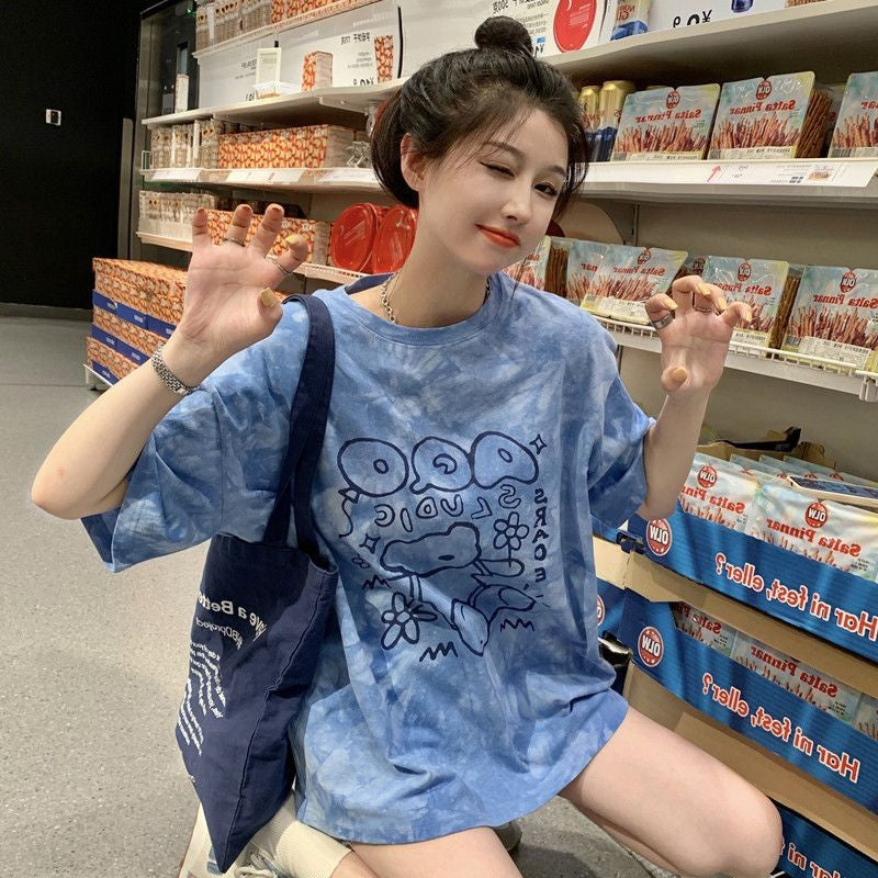 [littlecrab] Kaos Oversize Baloon Tie Dye Blue Purple Grey Beruang Bunga Sablon Berkualitas T-shirt Couple Unisex Lucu Unik Soft Color Baju Tumblr Two Tone Korean Style