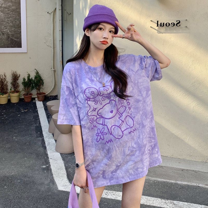 [littlecrab] Kaos Oversize Baloon Tie Dye Blue Purple Grey Beruang Bunga Sablon Berkualitas T-shirt Couple Unisex Lucu Unik Soft Color Baju Tumblr Two Tone Korean Style