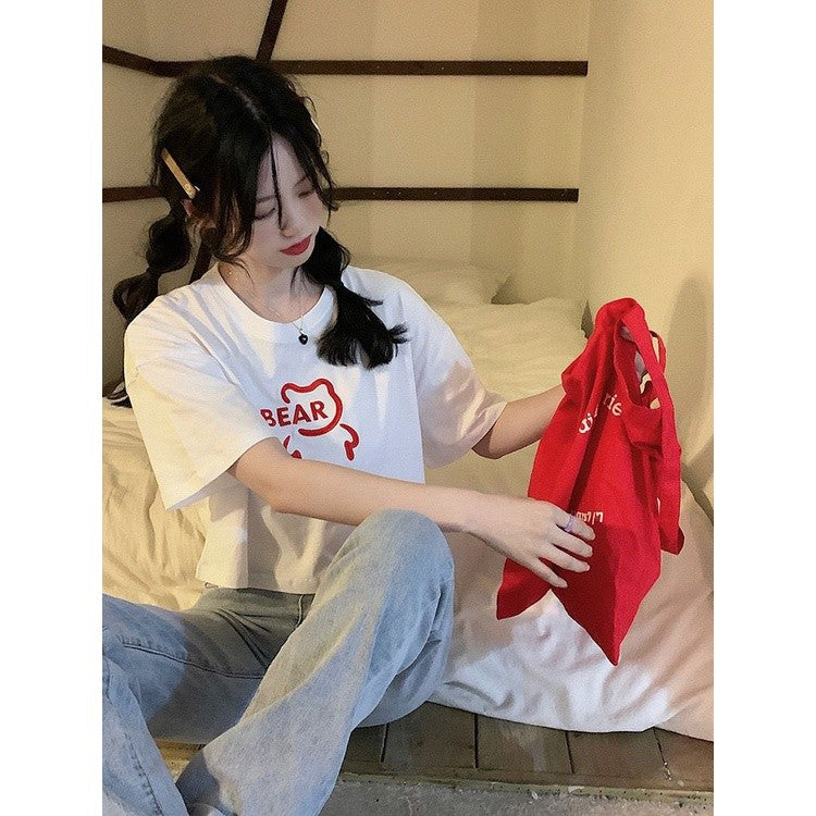 [littlecrab] Crop Top Lebar Bear Hitam Putih Merah Atasan Polos Sablon Berkualitas Beruang Simple Unik Elegan Aesthetic Kaos Beruang Korean Style