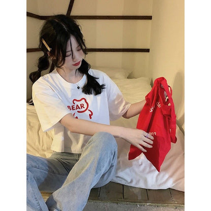 [littlecrab] Crop Top Lebar Bear Hitam Putih Merah Atasan Polos Sablon Berkualitas Beruang Simple Unik Elegan Aesthetic Kaos Beruang Korean Style