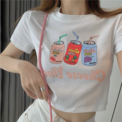 [littlecrab] Crop Top Fruit Soda Drink Choose One Hitam Putih Abu Sablon Colorful Berkualitas Simple Elegan Atasan Kaos Crop Unik Aesthetic Motif Minuman Kaleng Buah Grape Pineapple Cherry Korean Style