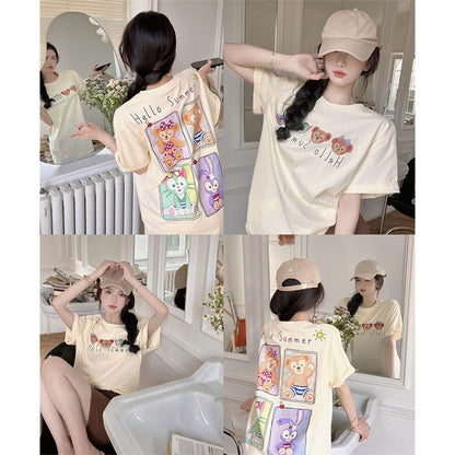 [littlecrab] Kaos Oversize Duffy Family Stellalou and Friends Hello Summer Polaroid Cream Putih Soft Color Simple Elegan Aesthetic T-shirt Couple Unisex Cartoon Sablon Berkualitas Korean Style