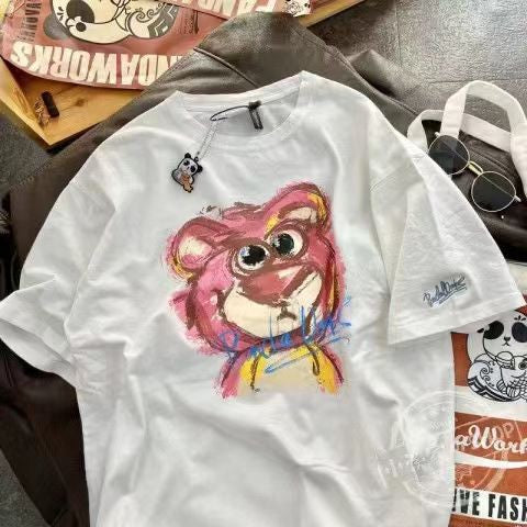 [littlecrab] Kaos Oversize Lotso Graffiti Pattern Pink Putih Abu T-shirt Couple Unisex Sablon Berkualitas Simple Elegan Aesthetic Hand Drawing Beruang Pink Lucu Unik Korean Style