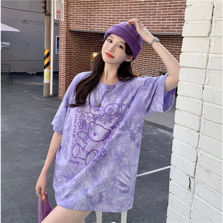 [littlecrab] Kaos Oversize Baloon Tie Dye Blue Purple Grey Beruang Bunga Sablon Berkualitas T-shirt Couple Unisex Lucu Unik Soft Color Baju Tumblr Two Tone Korean Style