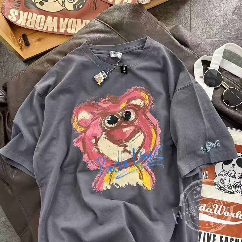 [littlecrab] Kaos Oversize Lotso Graffiti Pattern Pink Putih Abu T-shirt Couple Unisex Sablon Berkualitas Simple Elegan Aesthetic Hand Drawing Beruang Pink Lucu Unik Korean Style