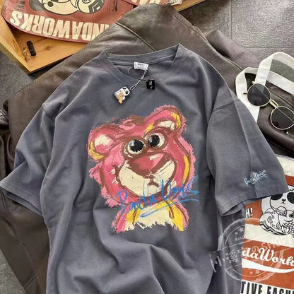 [littlecrab] Kaos Oversize Lotso Graffiti Pattern Pink Putih Abu T-shirt Couple Unisex Sablon Berkualitas Simple Elegan Aesthetic Hand Drawing Beruang Pink Lucu Unik Korean Style
