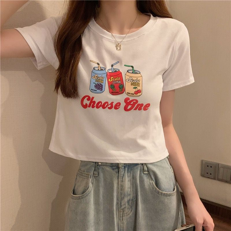 [littlecrab] Crop Top Fruit Soda Drink Choose One Hitam Putih Abu Sablon Colorful Berkualitas Simple Elegan Atasan Kaos Crop Unik Aesthetic Motif Minuman Kaleng Buah Grape Pineapple Cherry Korean Style