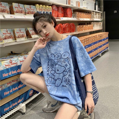 [littlecrab] Kaos Oversize Baloon Tie Dye Blue Purple Grey Beruang Bunga Sablon Berkualitas T-shirt Couple Unisex Lucu Unik Soft Color Baju Tumblr Two Tone Korean Style