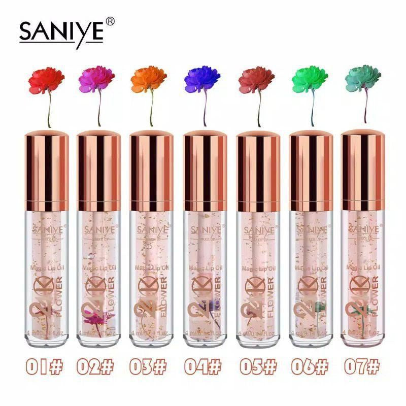 Pekanbaru Saniye 24K Luxury Gold Flower Magic Lip Oil Lip Gloss Pelembab Bibir