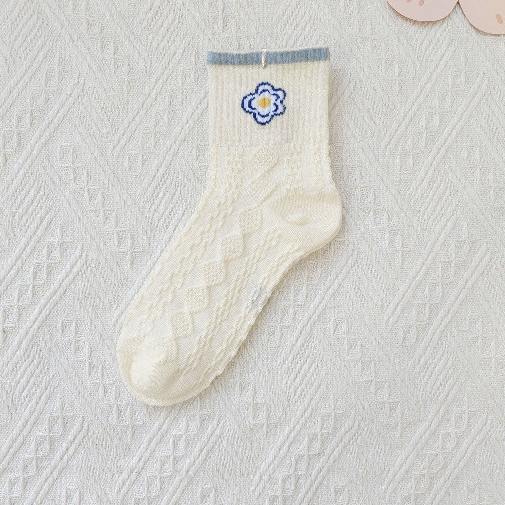 [littlecrab] Kaos Kaki Rajut Biru Base Putih Cream White Knit Blue Love Bear Sun Import Sock High Quality Korean Style