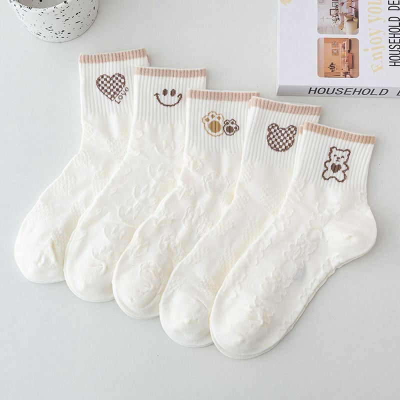 [littlecrab] Kaos Kaki Brown Coklat Motif Beruang Love Smile Bear Chocolate Base Putih Import Sock High Quality Knit Rajut Style Korean Style