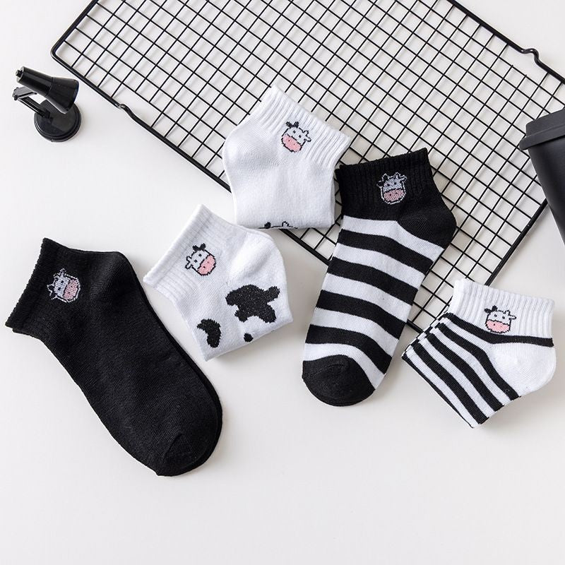 [littlecrab] Kaos Kaki Hitam Putih Motif Sapi Moo Black White Garis Cow Import Sock High Quality Korean Style
