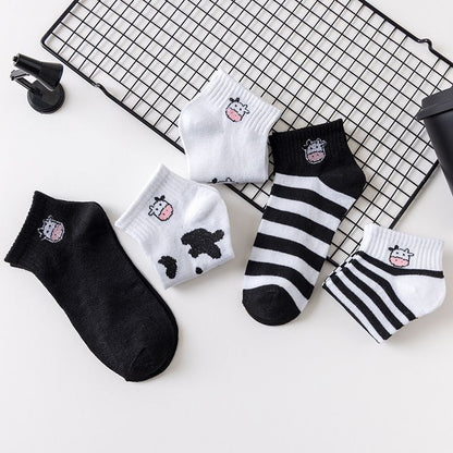 [littlecrab] Kaos Kaki Hitam Putih Motif Sapi Moo Black White Garis Cow Import Sock High Quality Korean Style