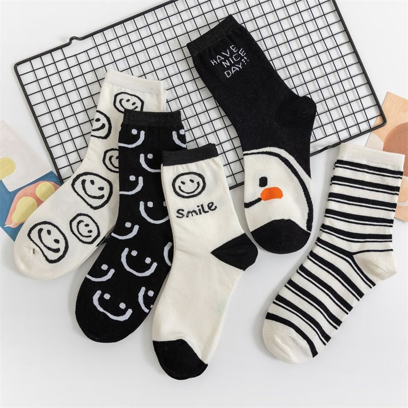 [littlecrab] Kaos Kaki Panjang Hitam Putih Smiley Emoticon Senyum Have A Nice Day Full Cotton Import Sock Stripe Smile Korean Style