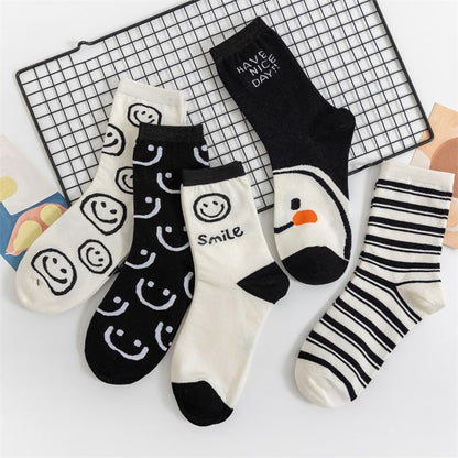 [littlecrab] Kaos Kaki Panjang Hitam Putih Smiley Emoticon Senyum Have A Nice Day Full Cotton Import Sock Stripe Smile Korean Style