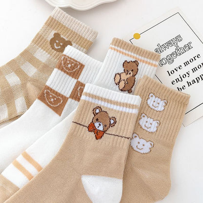 [littlecrab] Kaos Kaki Panjang Teddy Bear Brown Chocolate White Import Sock Beruang Square Coklat Putih High Quality Korean Style