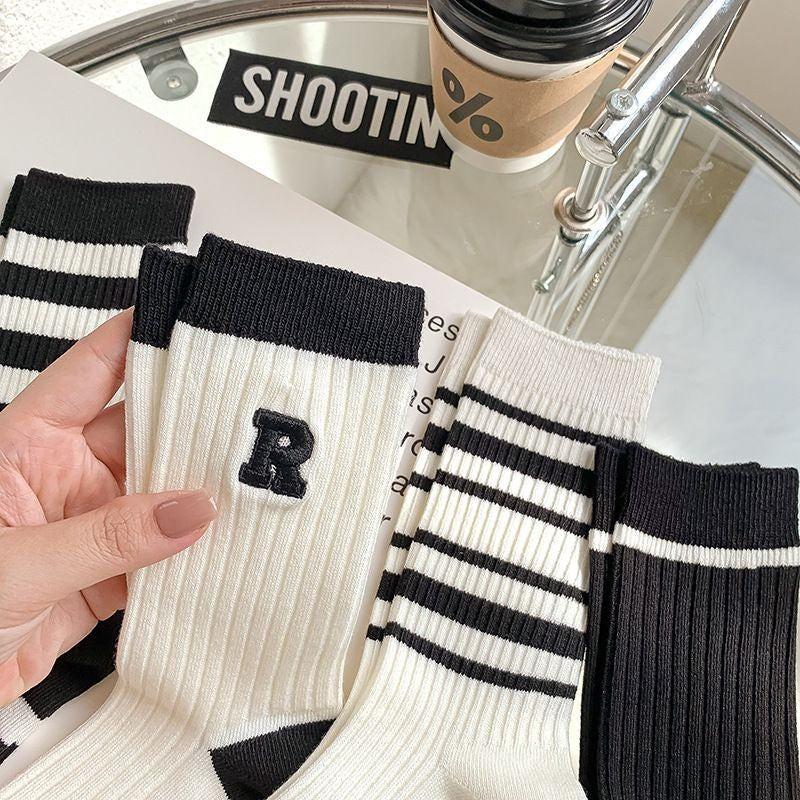 [littlecrab] Kaos Kaki Hitam Putih Stripe R Letter Garis Black White Import Long Sock High Quality Kaos Kaki Panjang Korean Style