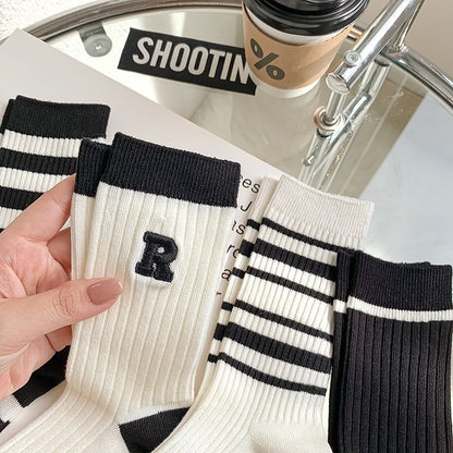 [littlecrab] Kaos Kaki Hitam Putih Stripe R Letter Garis Black White Import Long Sock High Quality Kaos Kaki Panjang Korean Style