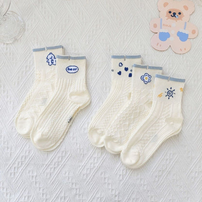 [littlecrab] Kaos Kaki Rajut Biru Base Putih Cream White Knit Blue Love Bear Sun Import Sock High Quality Korean Style