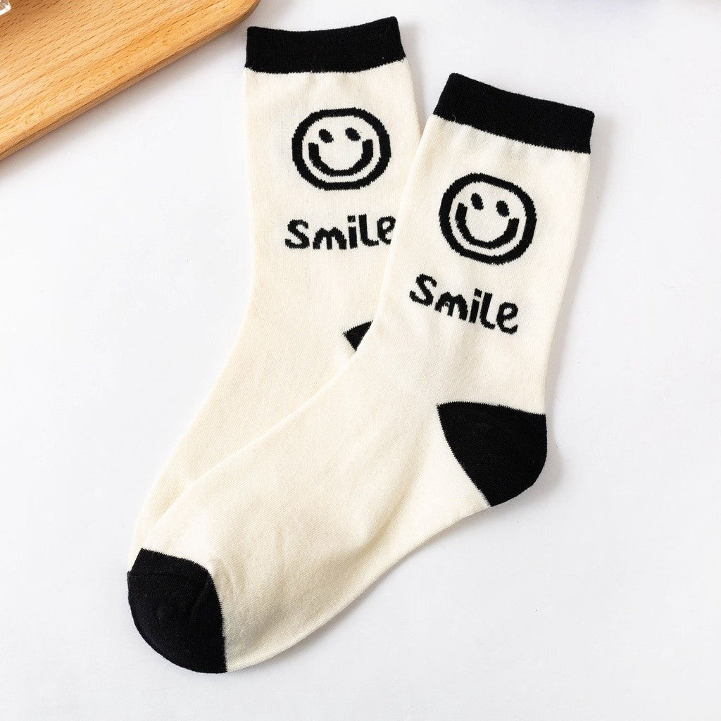 [littlecrab] Kaos Kaki Panjang Hitam Putih Smiley Emoticon Senyum Have A Nice Day Full Cotton Import Sock Stripe Smile Korean Style