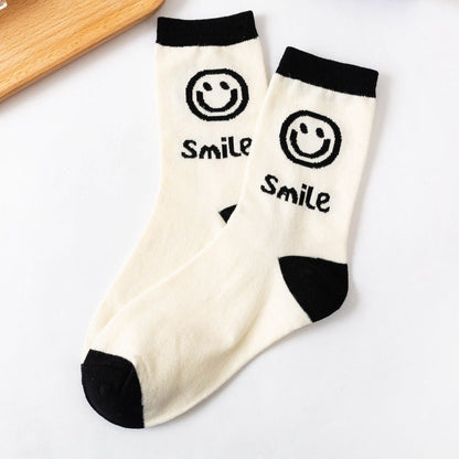 [littlecrab] Kaos Kaki Panjang Hitam Putih Smiley Emoticon Senyum Have A Nice Day Full Cotton Import Sock Stripe Smile Korean Style