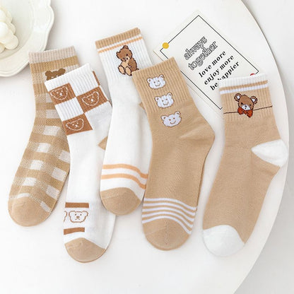 [littlecrab] Kaos Kaki Panjang Teddy Bear Brown Chocolate White Import Sock Beruang Square Coklat Putih High Quality Korean Style