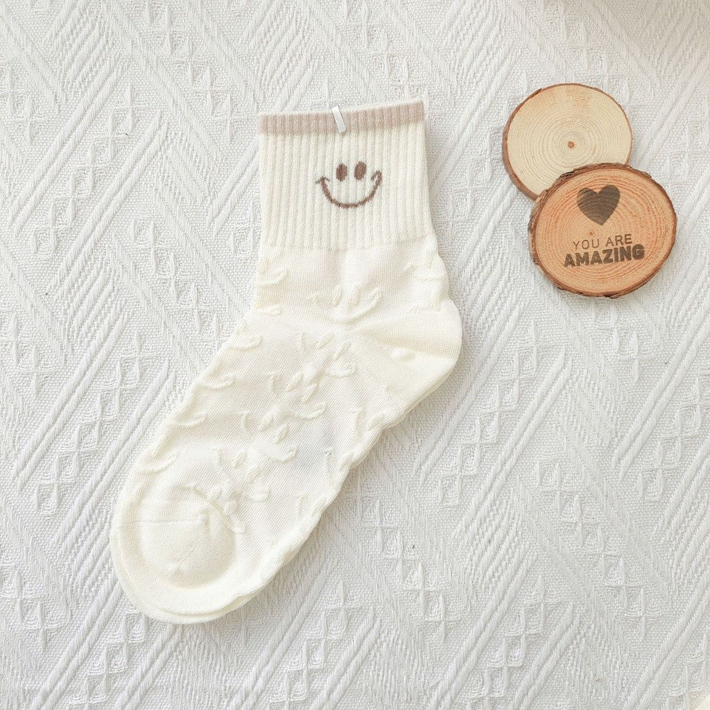 [littlecrab] Kaos Kaki Brown Coklat Motif Beruang Love Smile Bear Chocolate Base Putih Import Sock High Quality Knit Rajut Style Korean Style