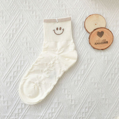 [littlecrab] Kaos Kaki Brown Coklat Motif Beruang Love Smile Bear Chocolate Base Putih Import Sock High Quality Knit Rajut Style Korean Style
