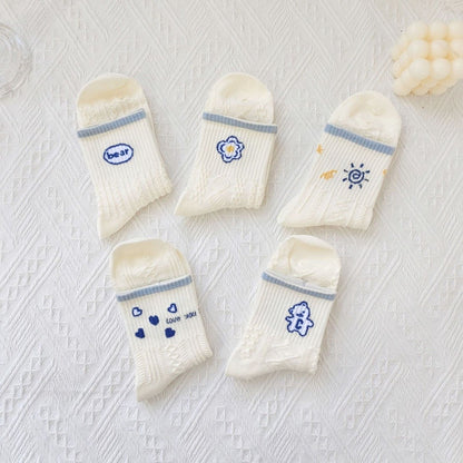[littlecrab] Kaos Kaki Rajut Biru Base Putih Cream White Knit Blue Love Bear Sun Import Sock High Quality Korean Style