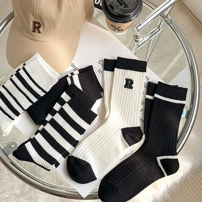 [littlecrab] Kaos Kaki Hitam Putih Stripe R Letter Garis Black White Import Long Sock High Quality Kaos Kaki Panjang Korean Style