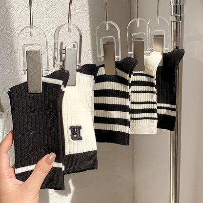 [littlecrab] Kaos Kaki Hitam Putih Stripe R Letter Garis Black White Import Long Sock High Quality Kaos Kaki Panjang Korean Style