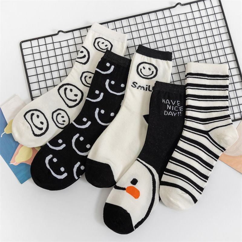 [littlecrab] Kaos Kaki Panjang Hitam Putih Smiley Emoticon Senyum Have A Nice Day Full Cotton Import Sock Stripe Smile Korean Style
