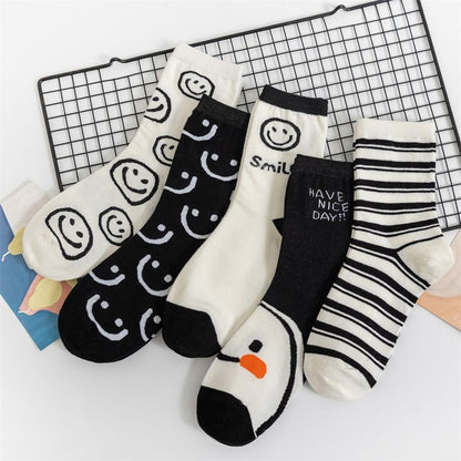 [littlecrab] Kaos Kaki Panjang Hitam Putih Smiley Emoticon Senyum Have A Nice Day Full Cotton Import Sock Stripe Smile Korean Style