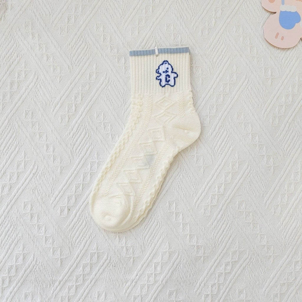[littlecrab] Kaos Kaki Rajut Biru Base Putih Cream White Knit Blue Love Bear Sun Import Sock High Quality Korean Style