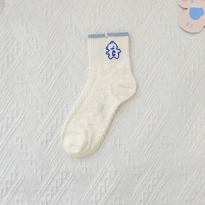 [littlecrab] Kaos Kaki Rajut Biru Base Putih Cream White Knit Blue Love Bear Sun Import Sock High Quality Korean Style