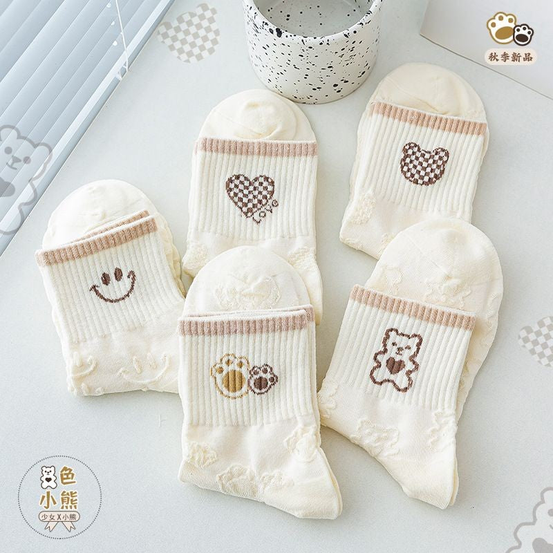 [littlecrab] Kaos Kaki Brown Coklat Motif Beruang Love Smile Bear Chocolate Base Putih Import Sock High Quality Knit Rajut Style Korean Style