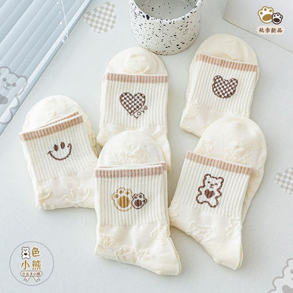 [littlecrab] Kaos Kaki Brown Coklat Motif Beruang Love Smile Bear Chocolate Base Putih Import Sock High Quality Knit Rajut Style Korean Style
