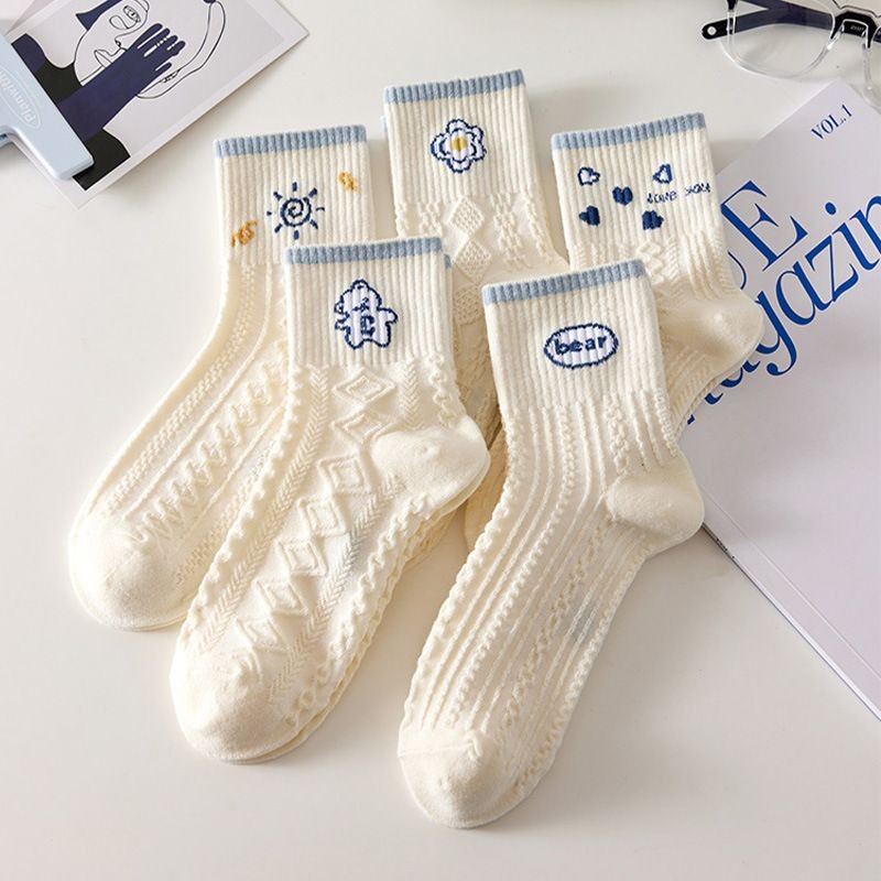 [littlecrab] Kaos Kaki Rajut Biru Base Putih Cream White Knit Blue Love Bear Sun Import Sock High Quality Korean Style