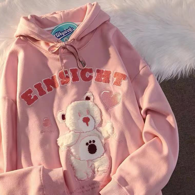 Hoodie Oversize Einsicht Bear With Baloon Soft Color Beruang Bulu Bordir Timbul Sweatshirt Katun High Quality Korean Style