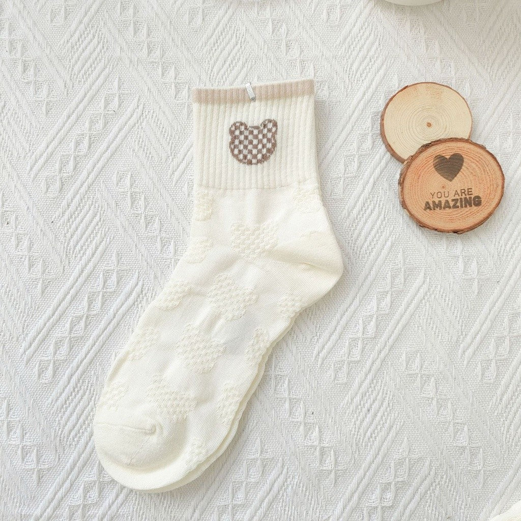 [littlecrab] Kaos Kaki Brown Coklat Motif Beruang Love Smile Bear Chocolate Base Putih Import Sock High Quality Knit Rajut Style Korean Style
