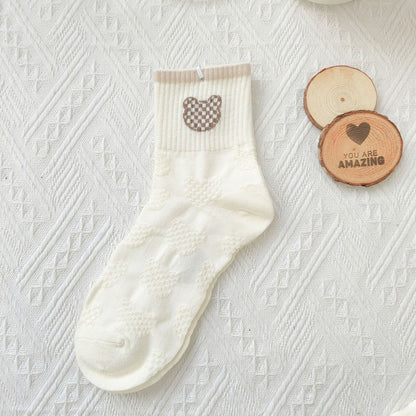 [littlecrab] Kaos Kaki Brown Coklat Motif Beruang Love Smile Bear Chocolate Base Putih Import Sock High Quality Knit Rajut Style Korean Style